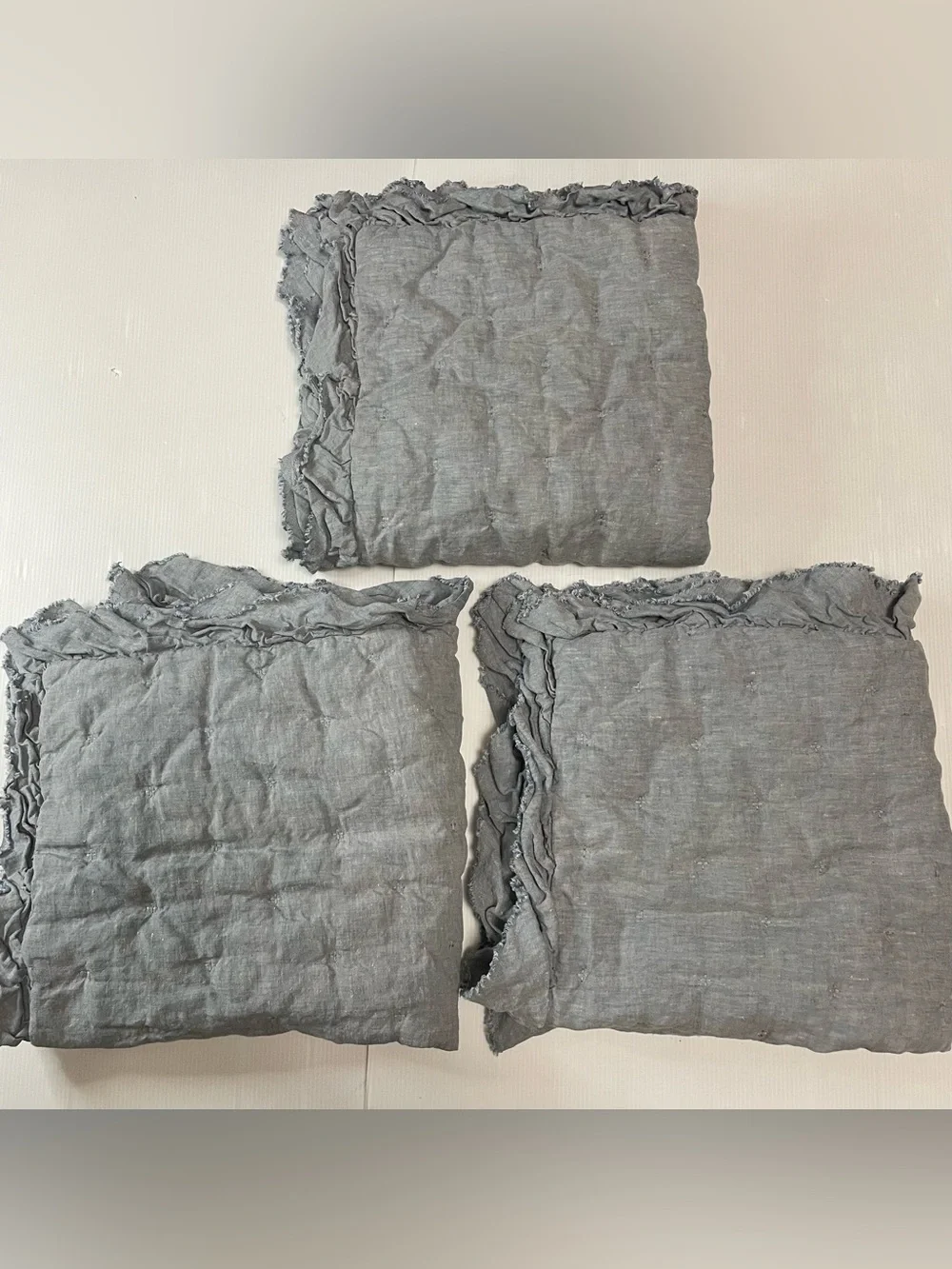 Pottery Barn Belgian Flax Linen Ruffle Quilted Euro Sham Set Of 3 26” Chambray